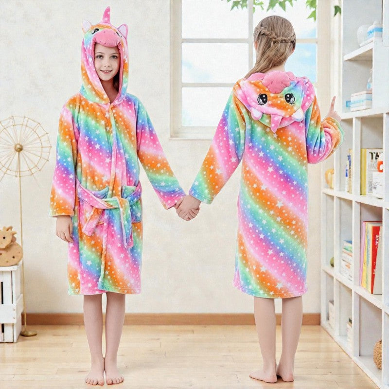 Peignoir enfant polaire à capuche licorne arc-en-ciel