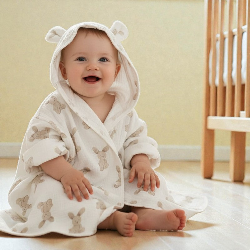 Cape de bain bébé en coton gaze lapins