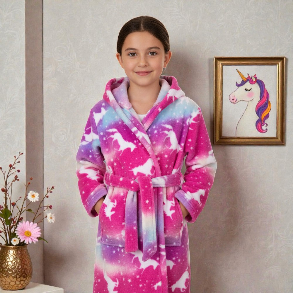 Peignoir enfant polaire à capuche licorne rose