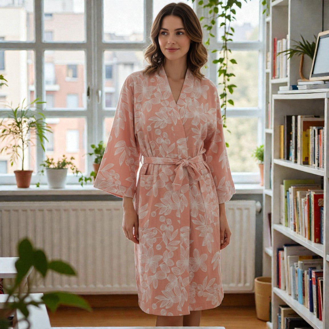 Peignoir femme coton floral pêche