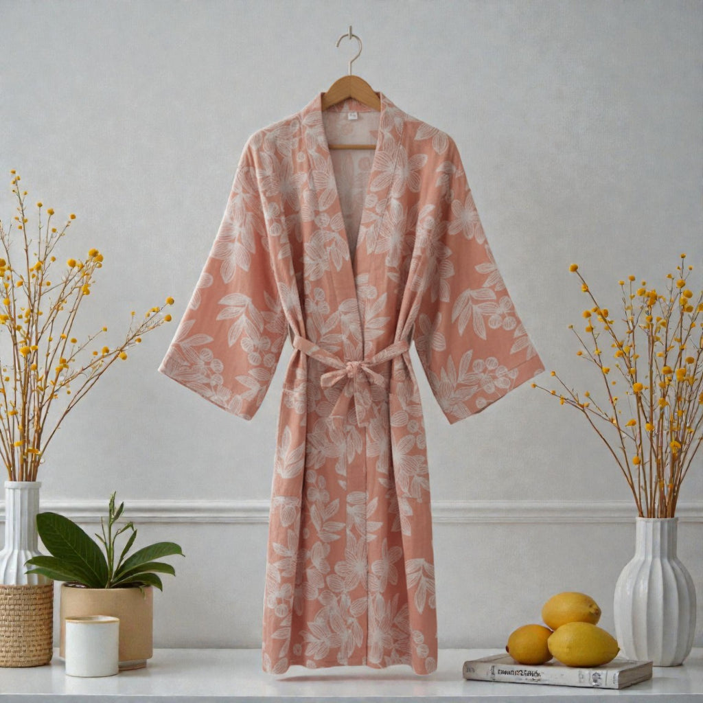 Peignoir femme coton floral pêche