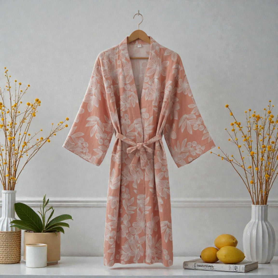 Peignoir femme coton floral pêche