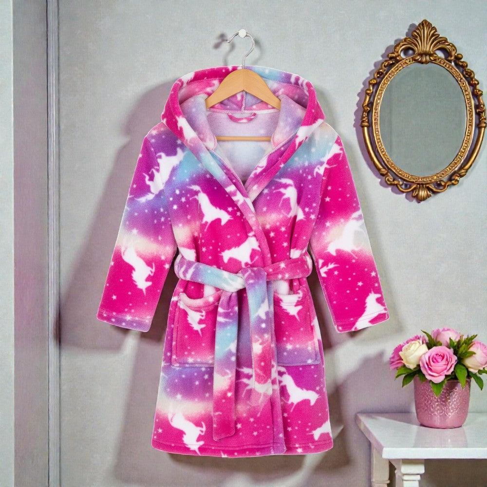 Peignoir enfant polaire à capuche licorne rose