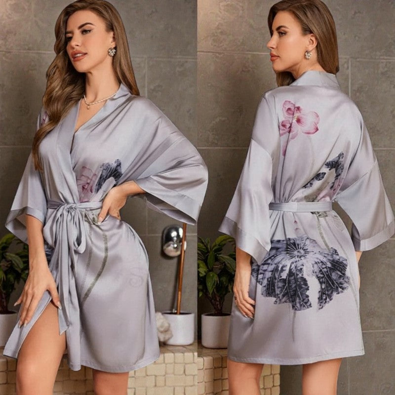 Peignoir femme satin gris imprimé