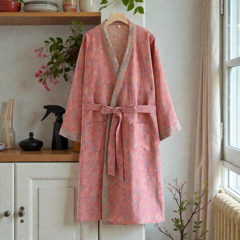 Peignoir femme coton floral rose