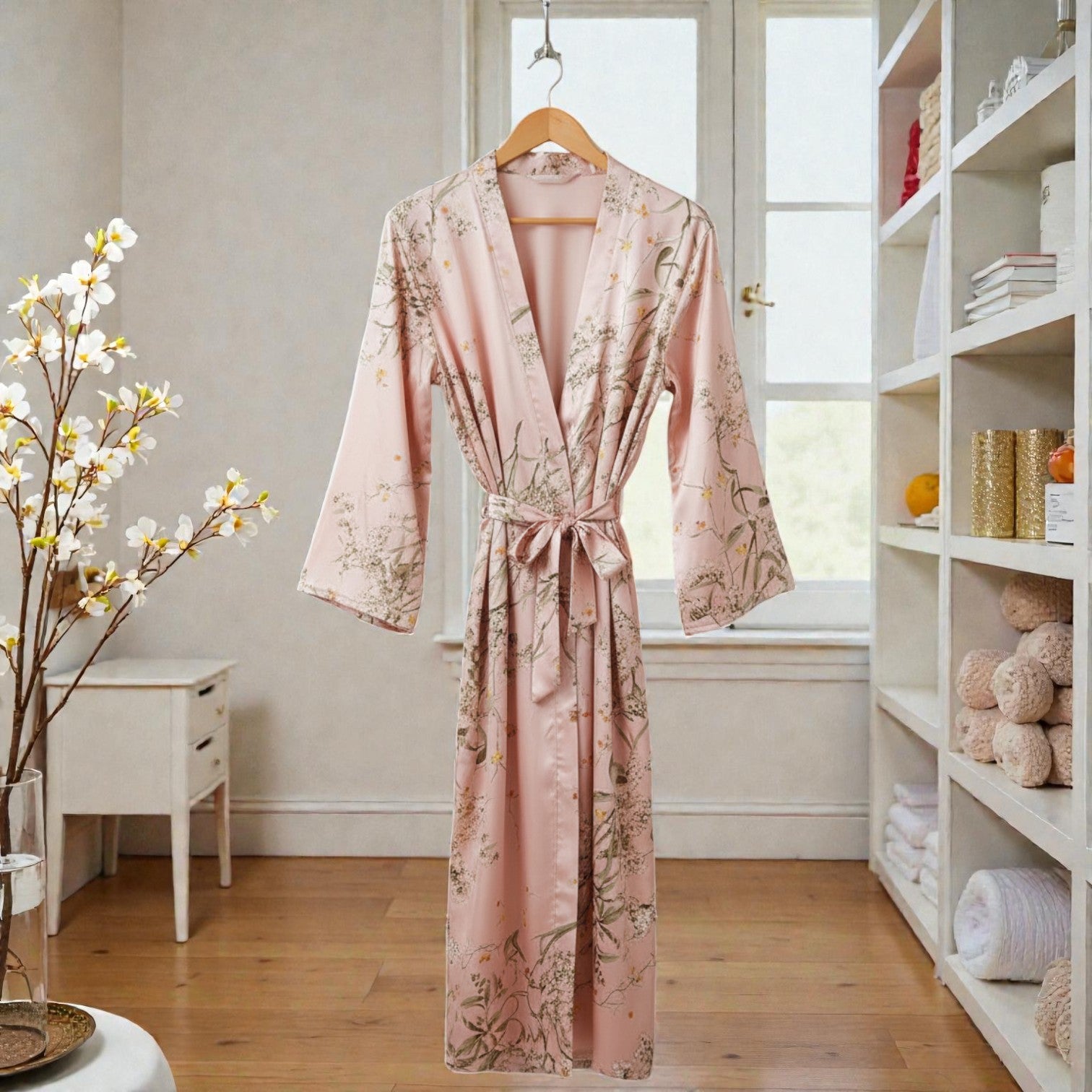 Peignoir femme satin champagne floral