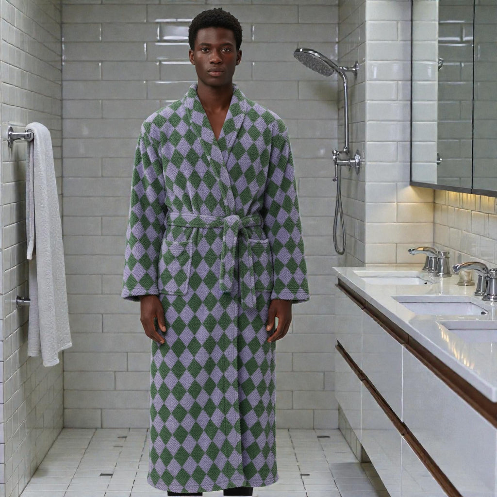 Peignoir homme polaire carreaux vert et violet