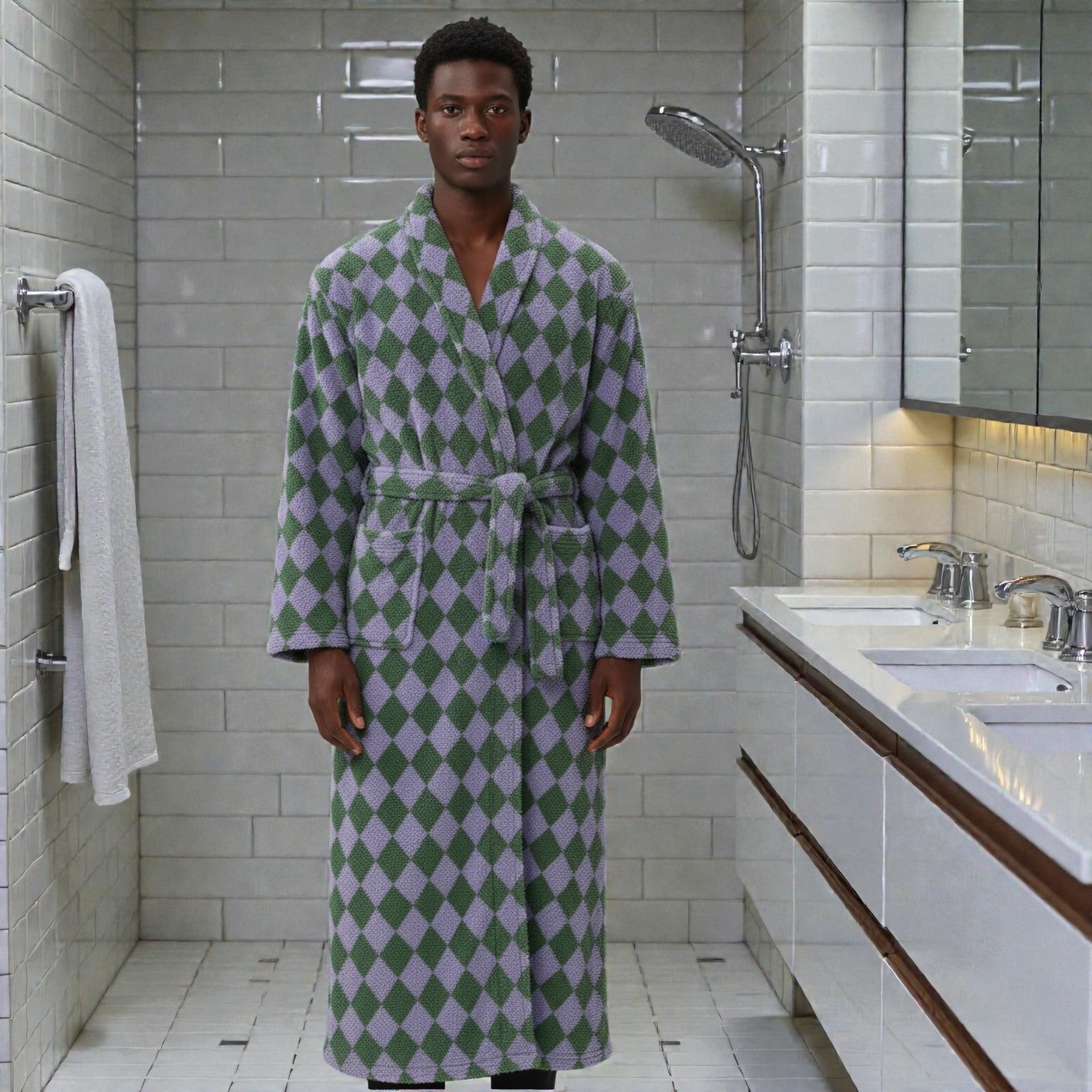 Peignoir homme polaire carreaux vert et violet