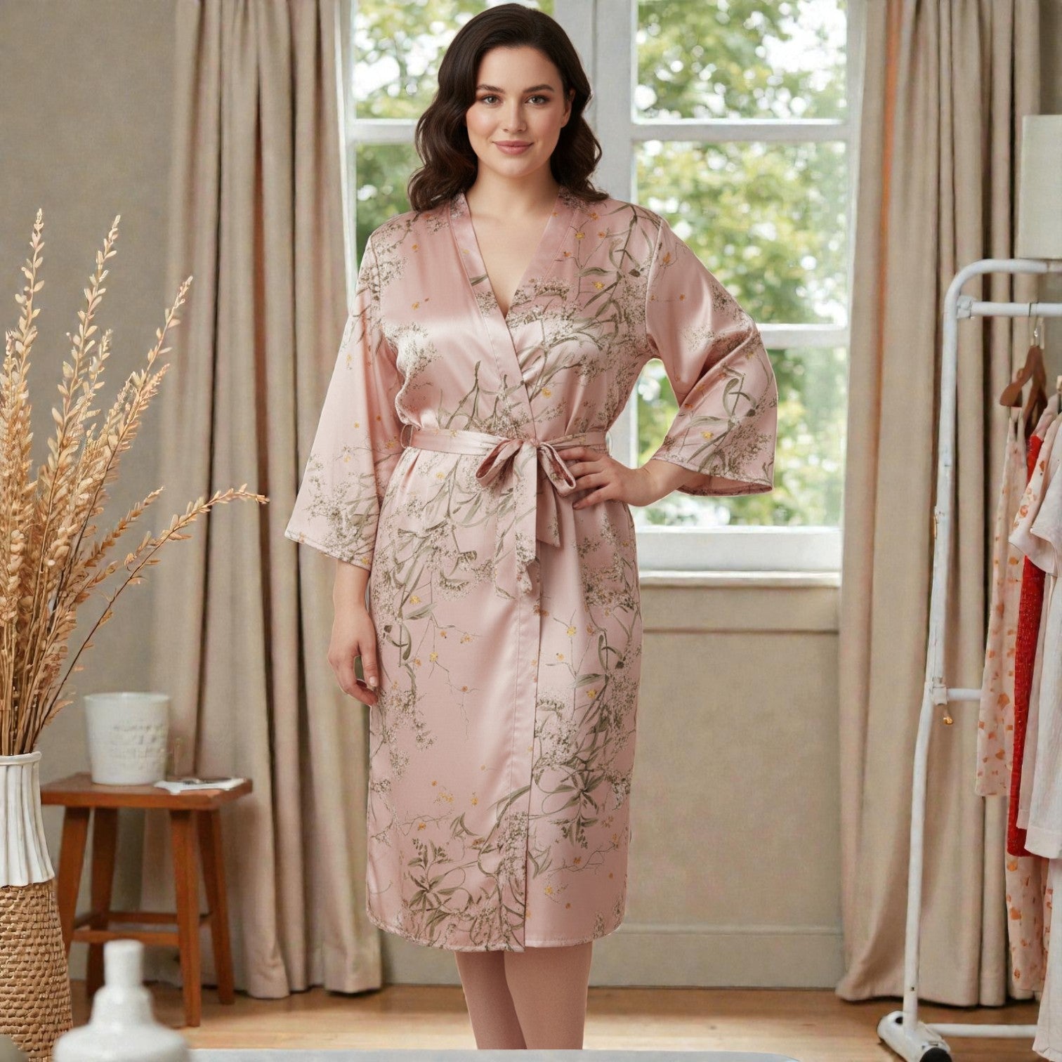 Peignoir femme satin champagne floral