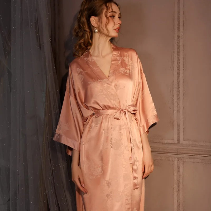 Peignoir femme satin jacquard rose