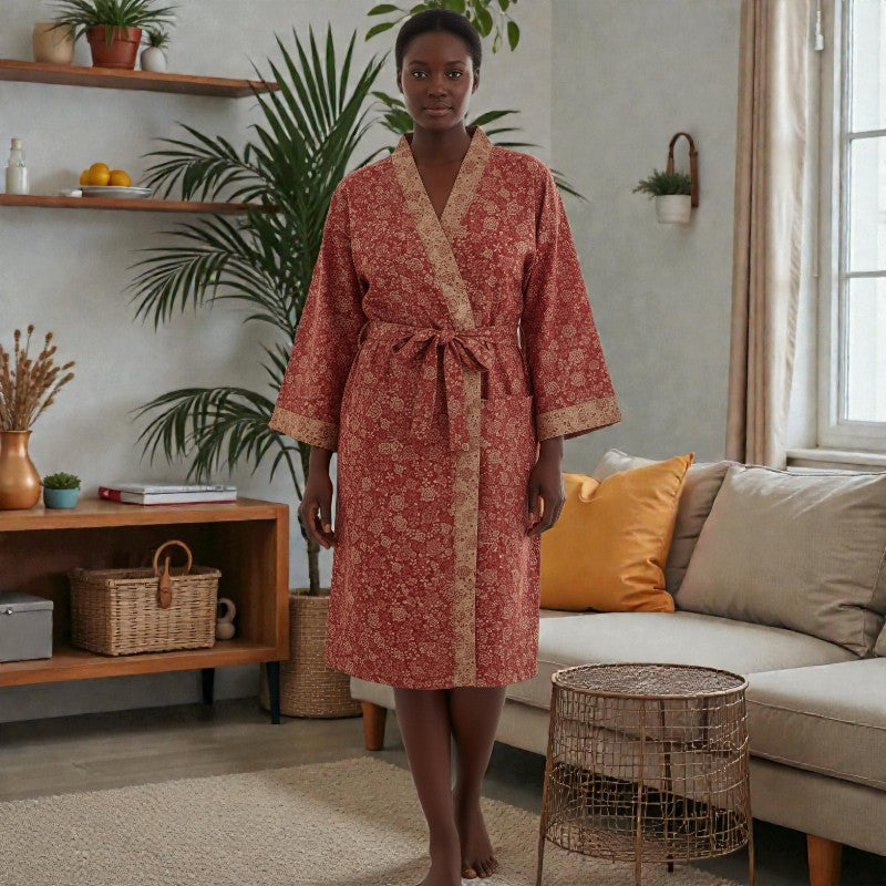 Peignoir femme coton rouge floral