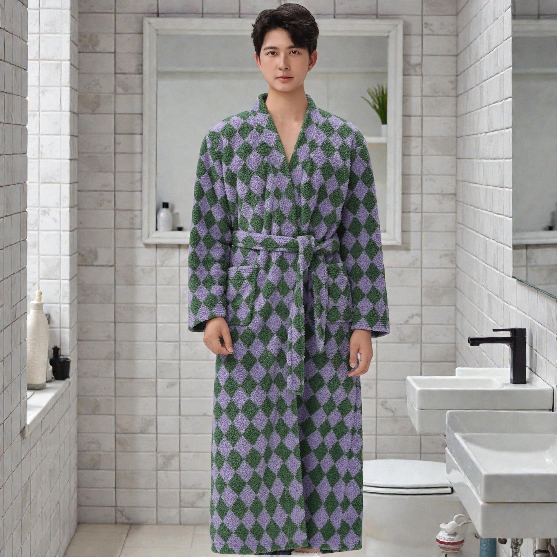 Peignoir homme polaire carreaux vert et violet