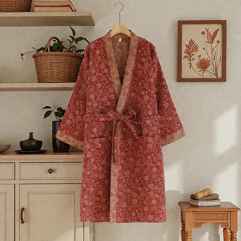 Peignoir femme coton rouge floral