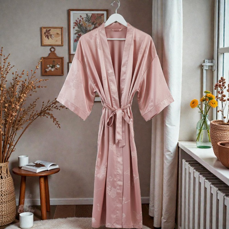 Peignoir femme satin jacquard rose