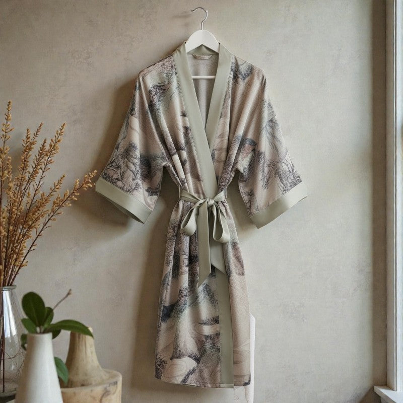 Peignoir femme satin imprimé gris