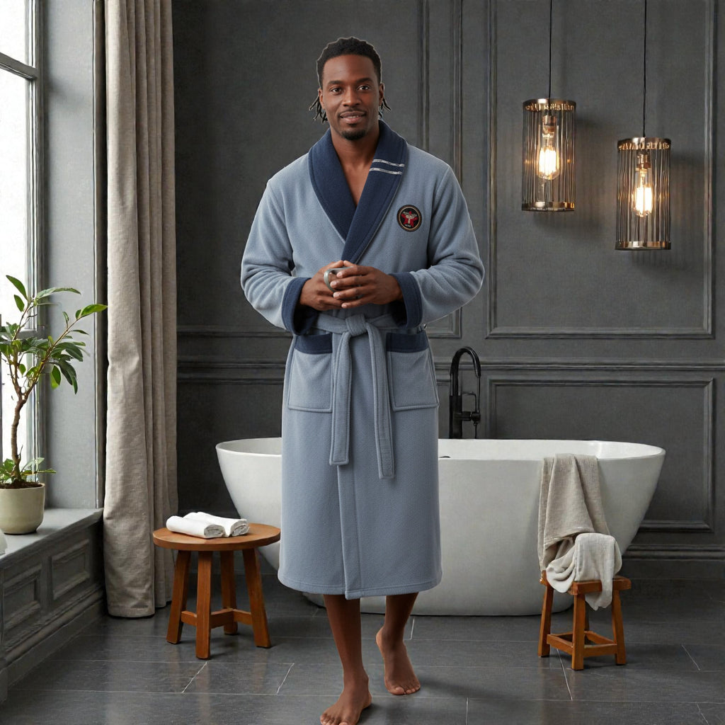 Peignoir homme polaire gris clair et bleu marine