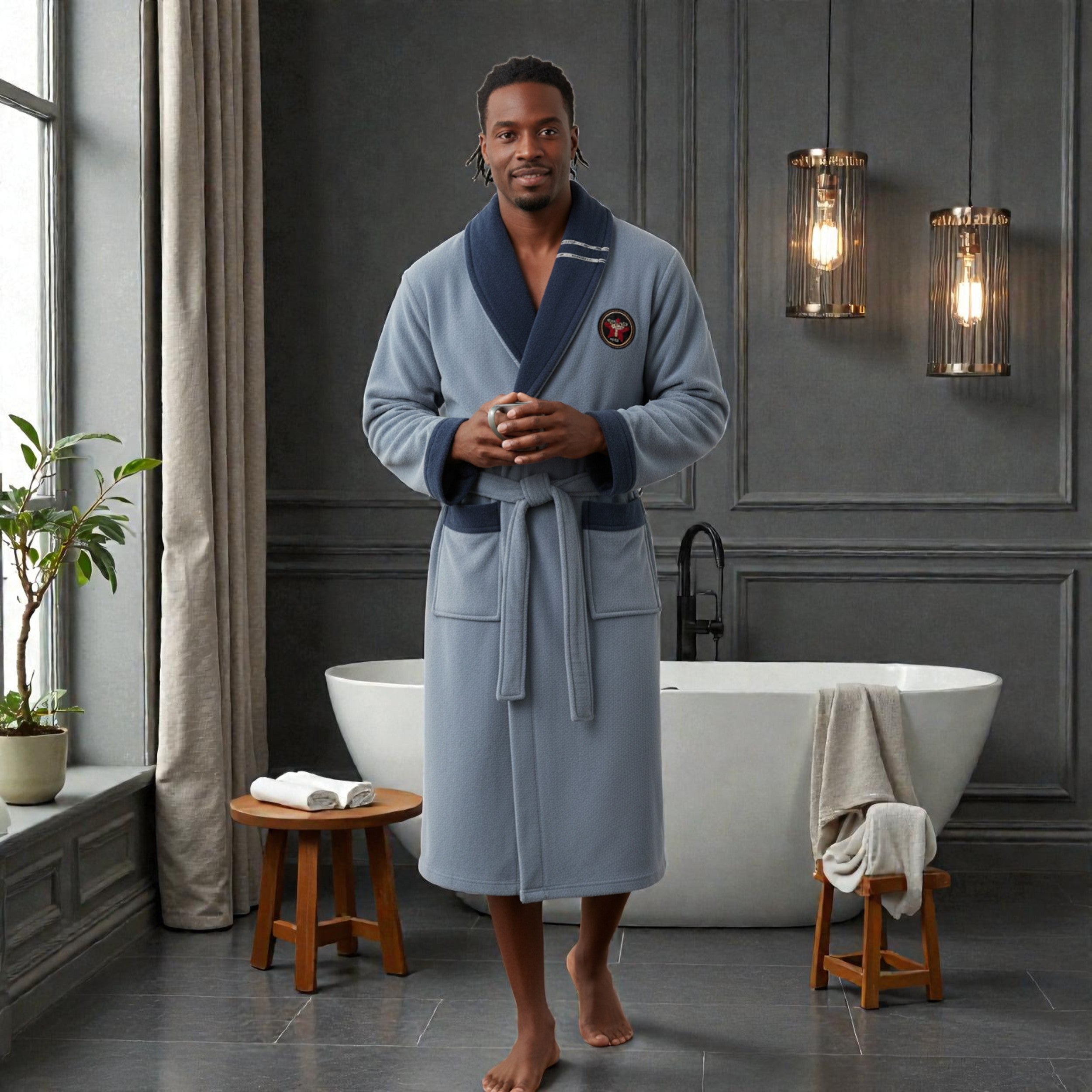 Peignoir homme polaire gris clair et bleu marine