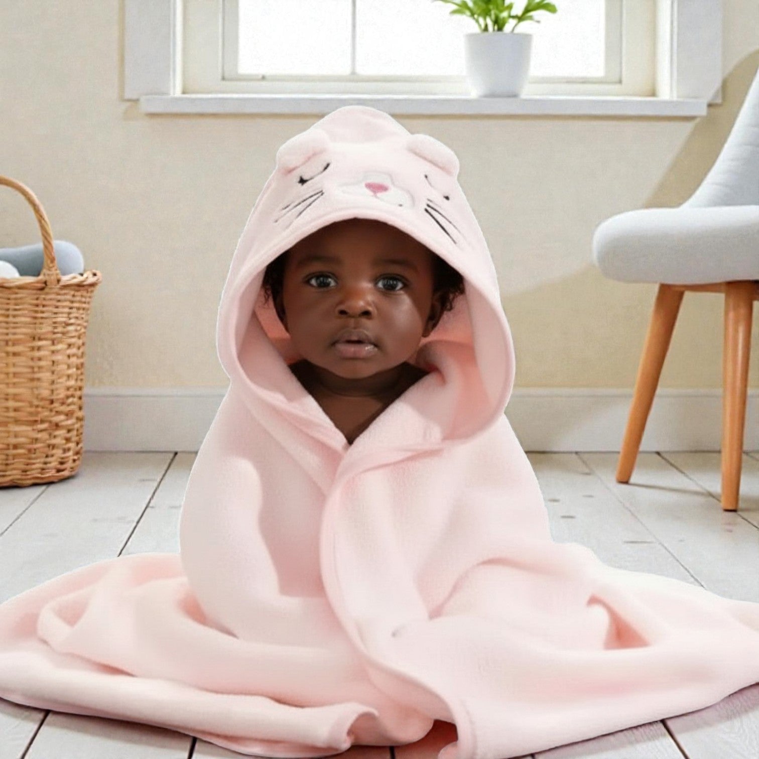 Cape de bain bébé chat rose
