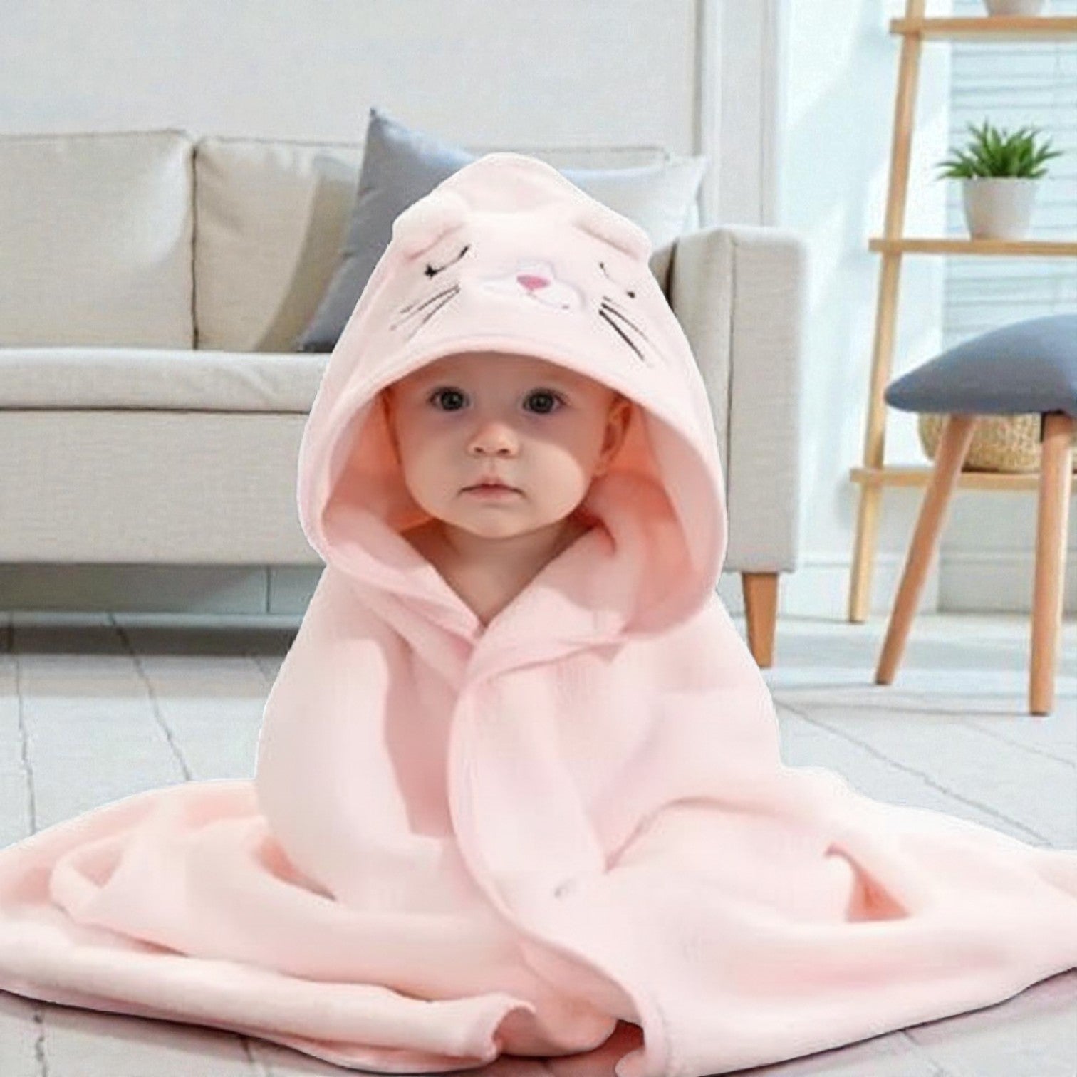 Cape de bain bébé chat rose