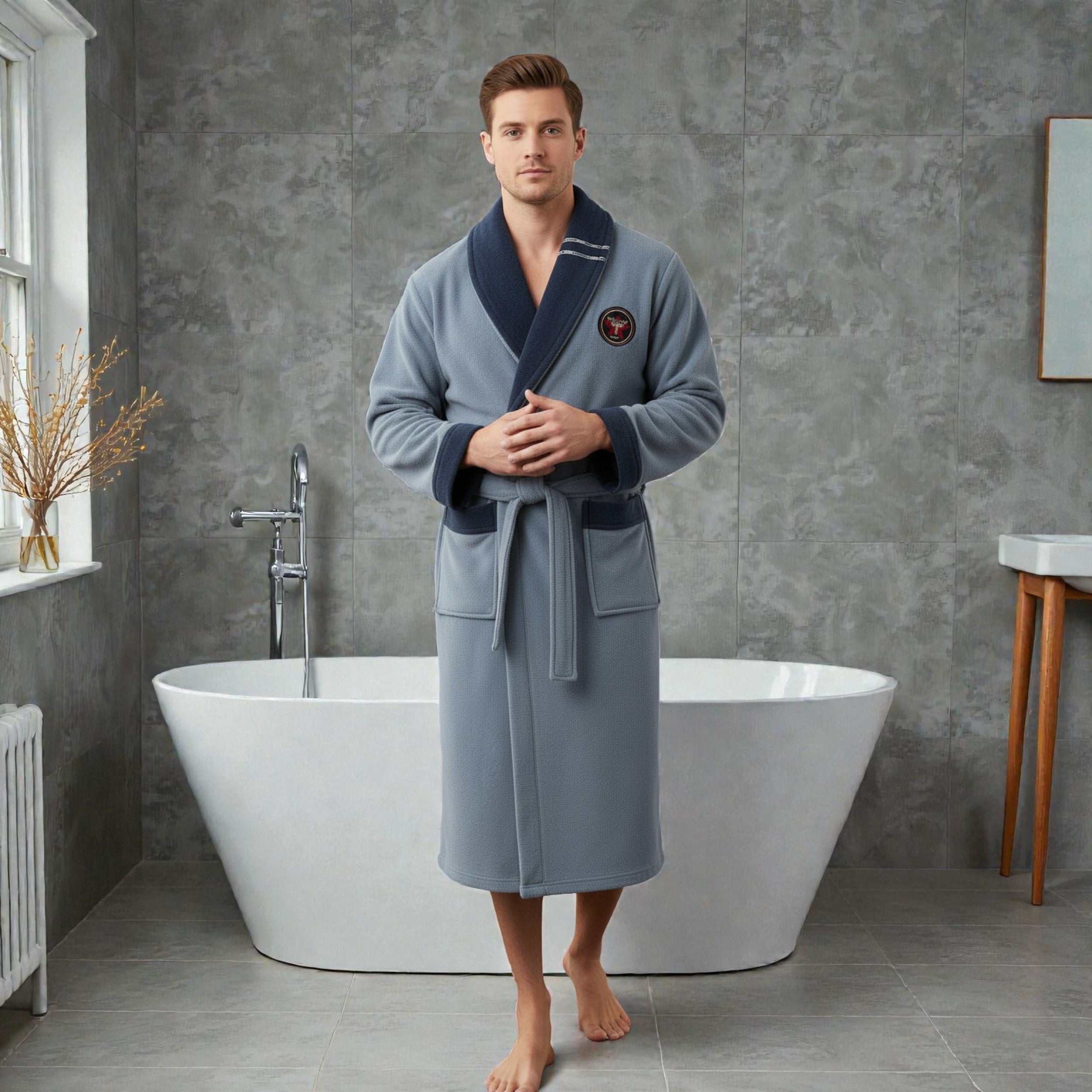 Peignoir homme polaire gris clair et bleu marine