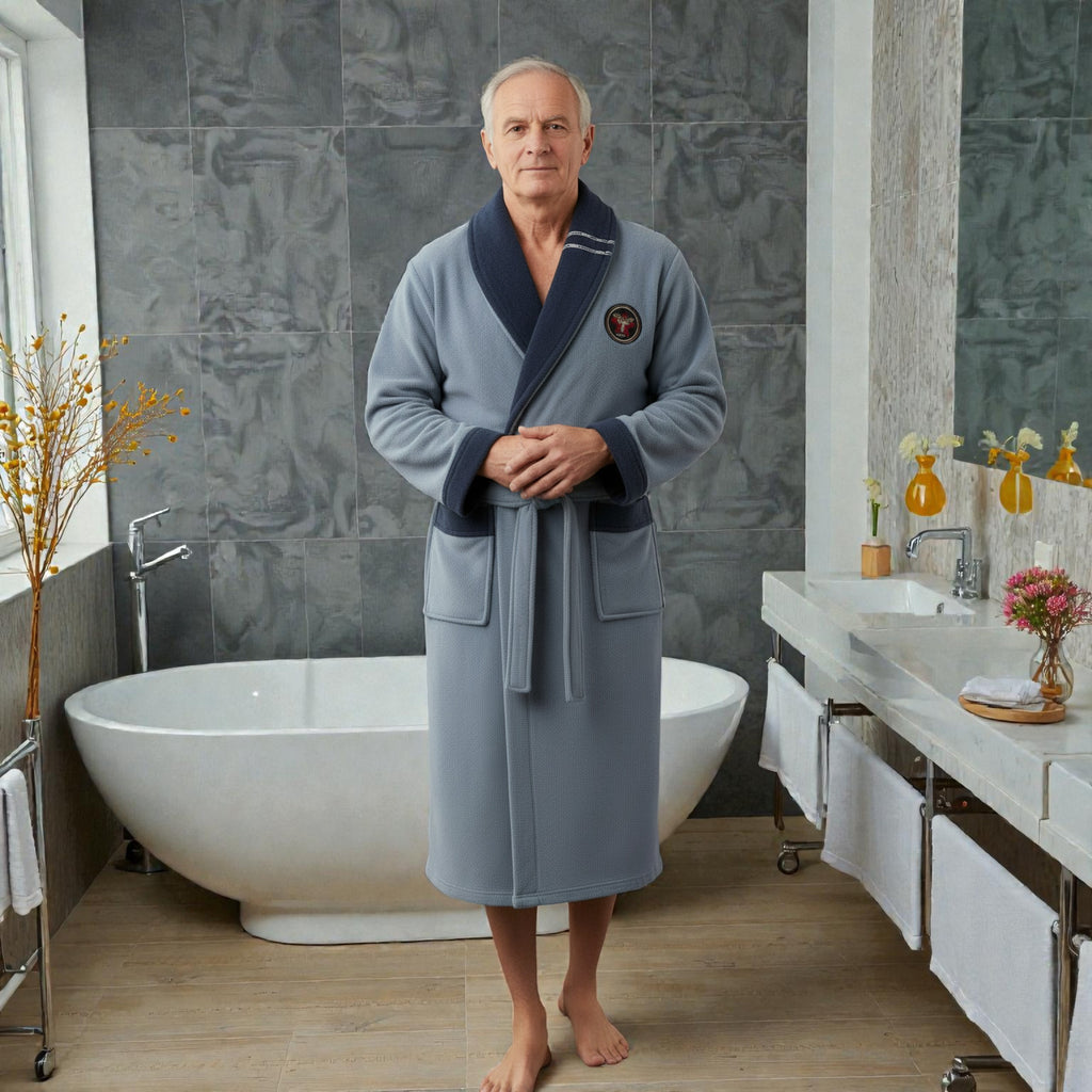 Peignoir homme polaire gris clair et bleu marine