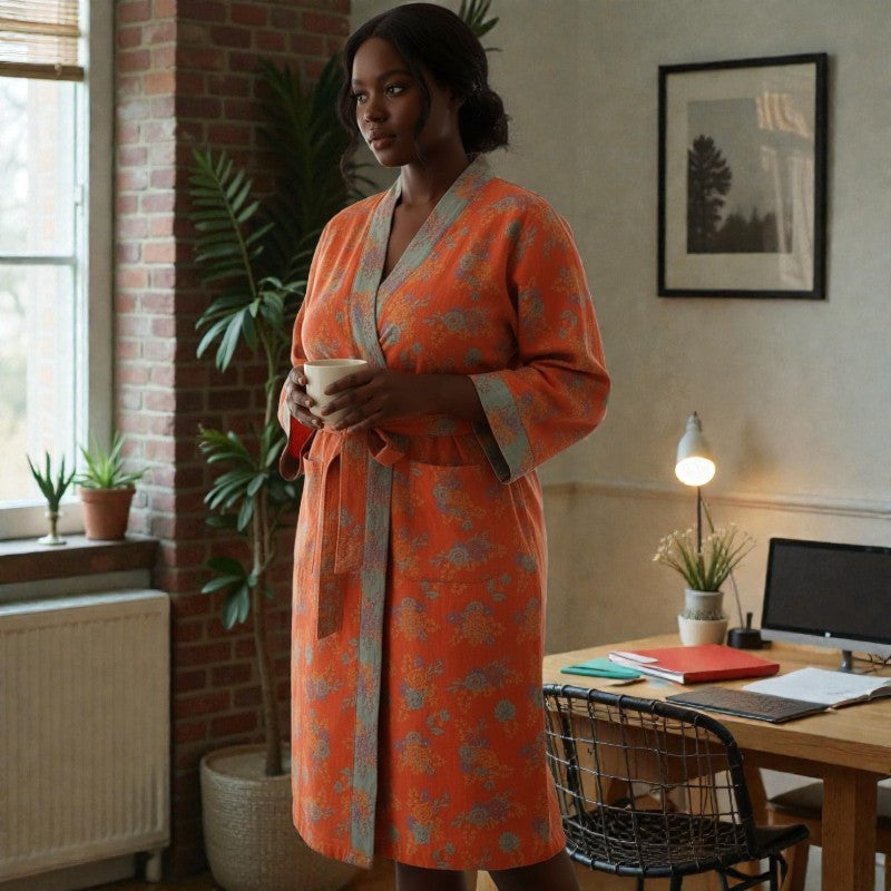 Peignoir femme coton fleuri orange et kaki