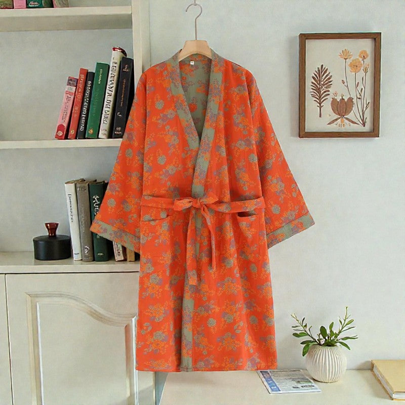 Peignoir femme coton fleuri orange et kaki