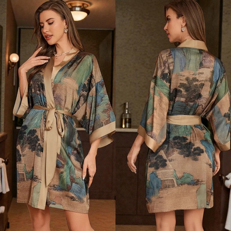 Peignoir femme satin imprimé paysage