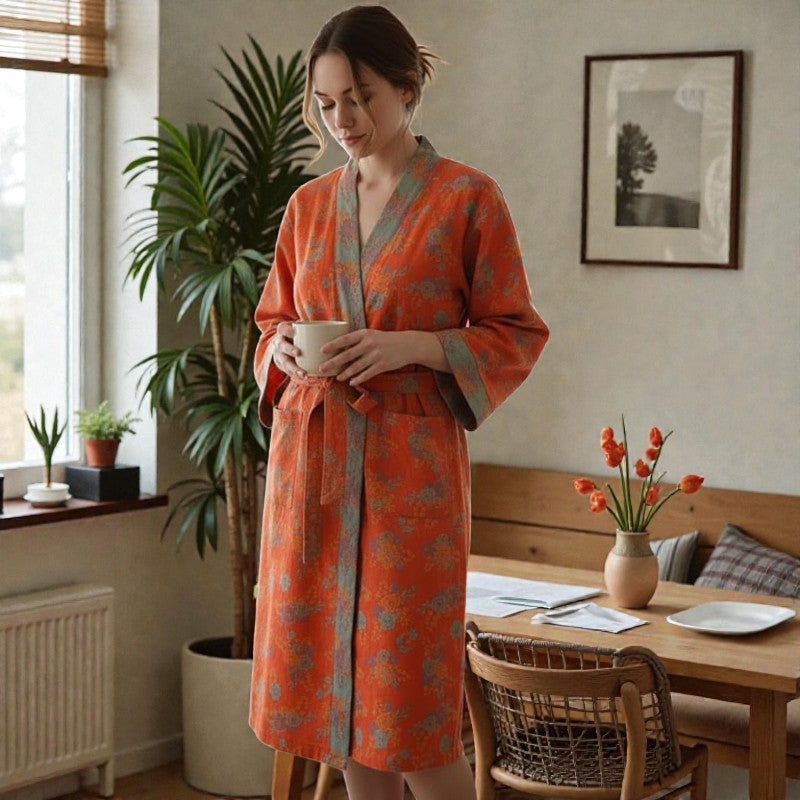 Peignoir femme coton fleuri orange et kaki