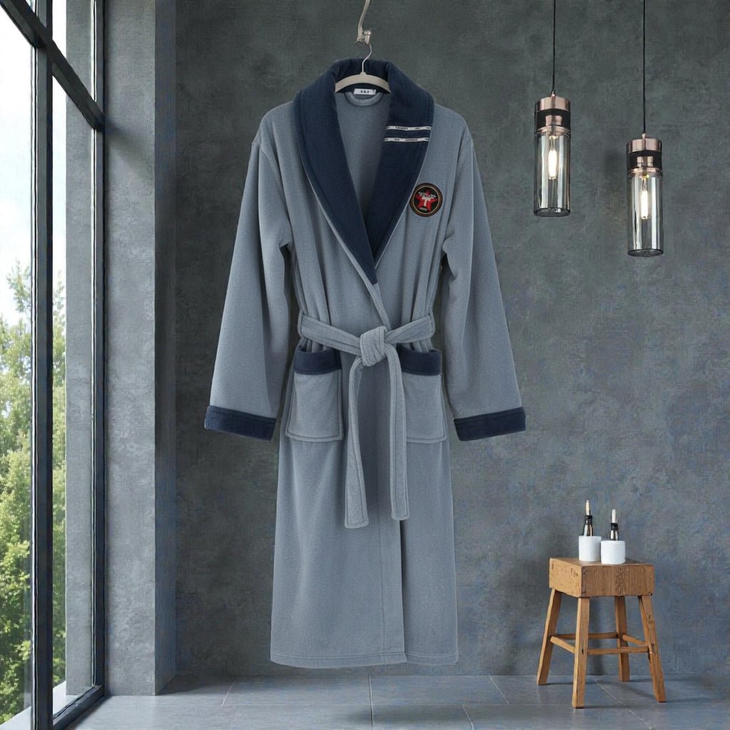 Peignoir homme polaire gris clair et bleu marine