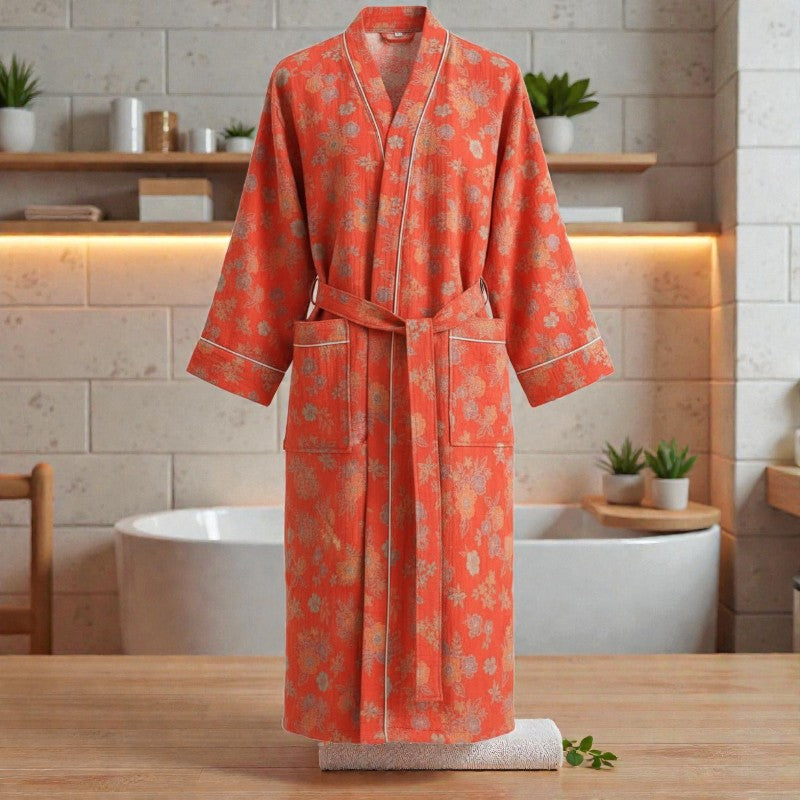Peignoir femme coton floral rouge