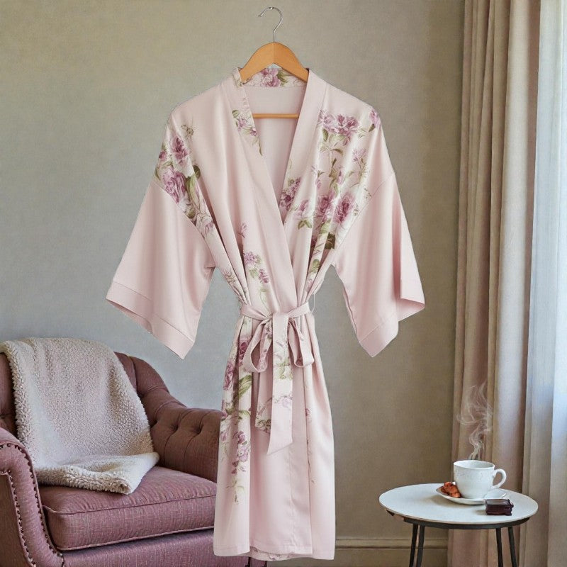 Peignoir femme satin fleuri rose