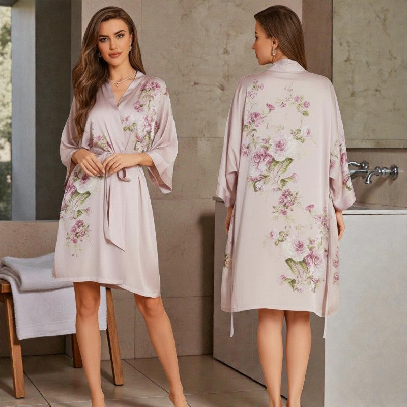 Peignoir femme satin fleuri rose