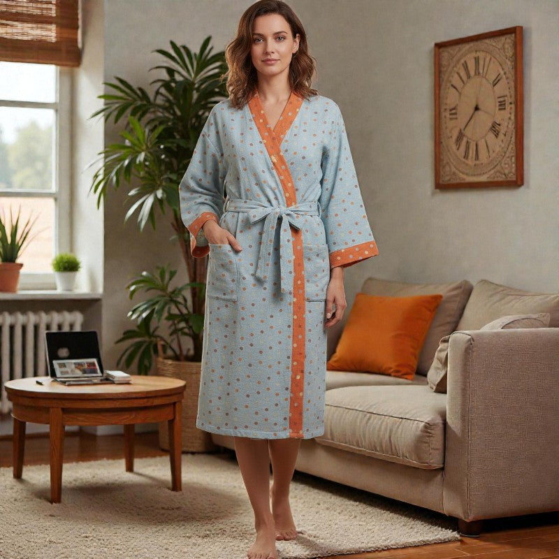 Peignoir femme coton bleu à pois