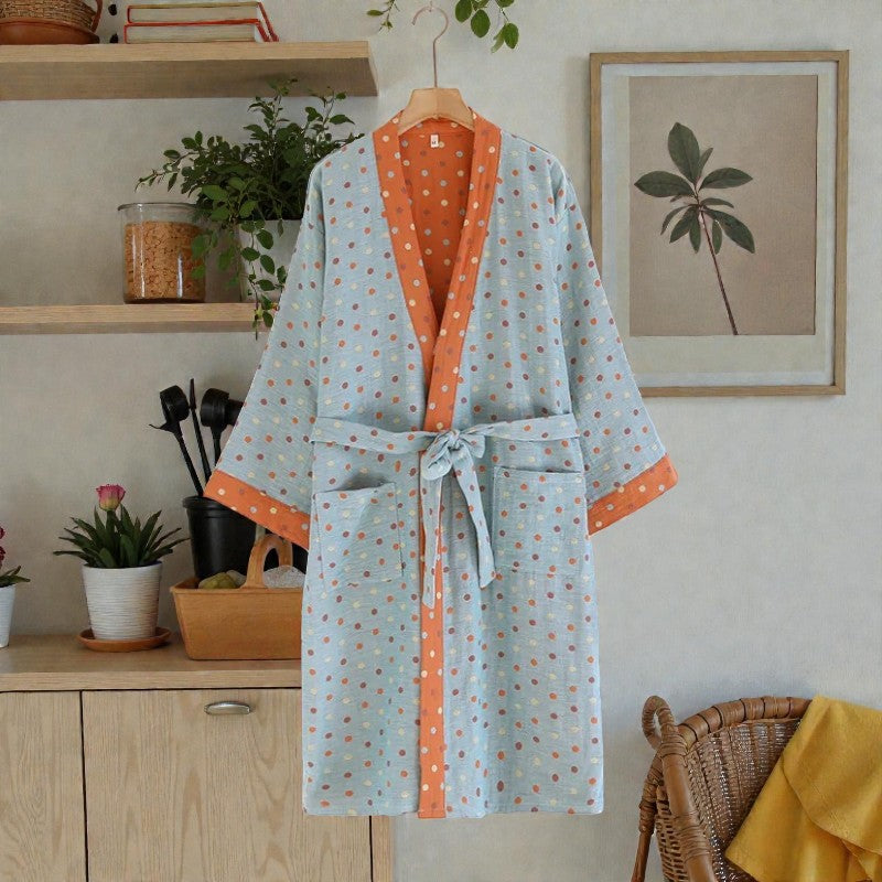 Peignoir femme coton bleu à pois