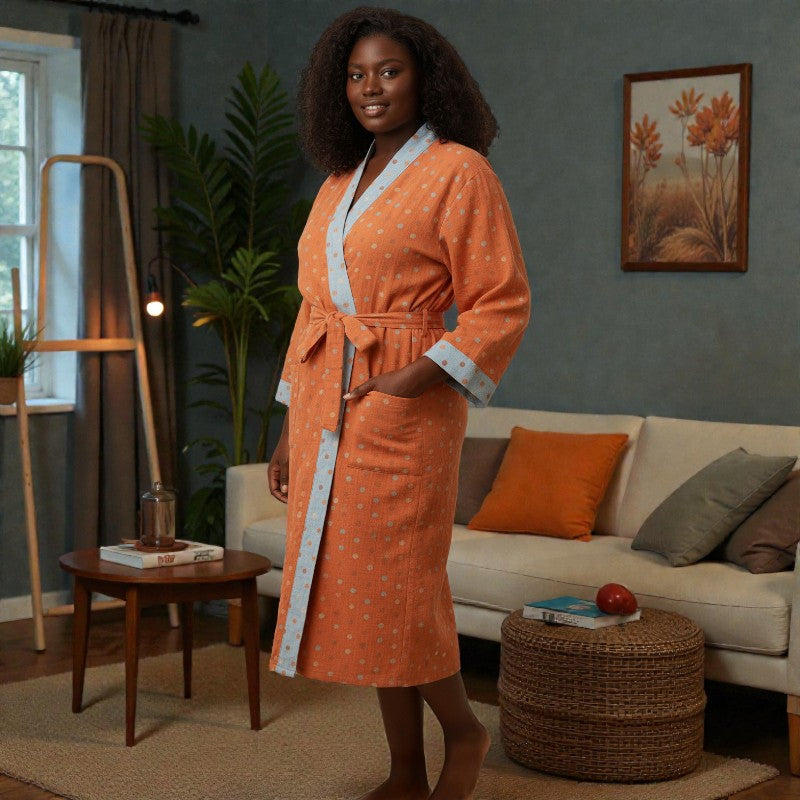 Peignoir femme coton orange à pois