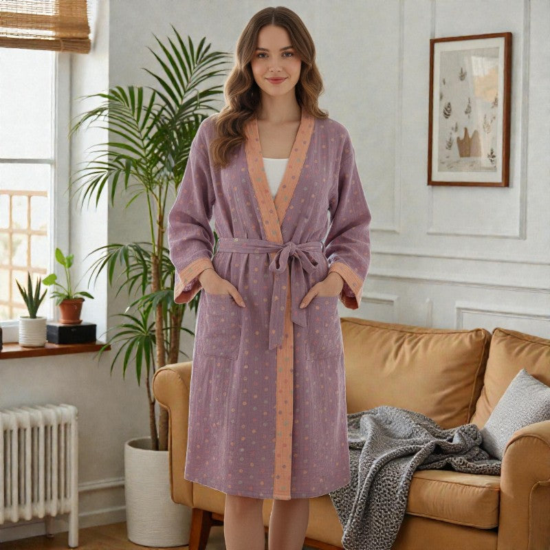 Peignoir femme coton à pois lila et ocre