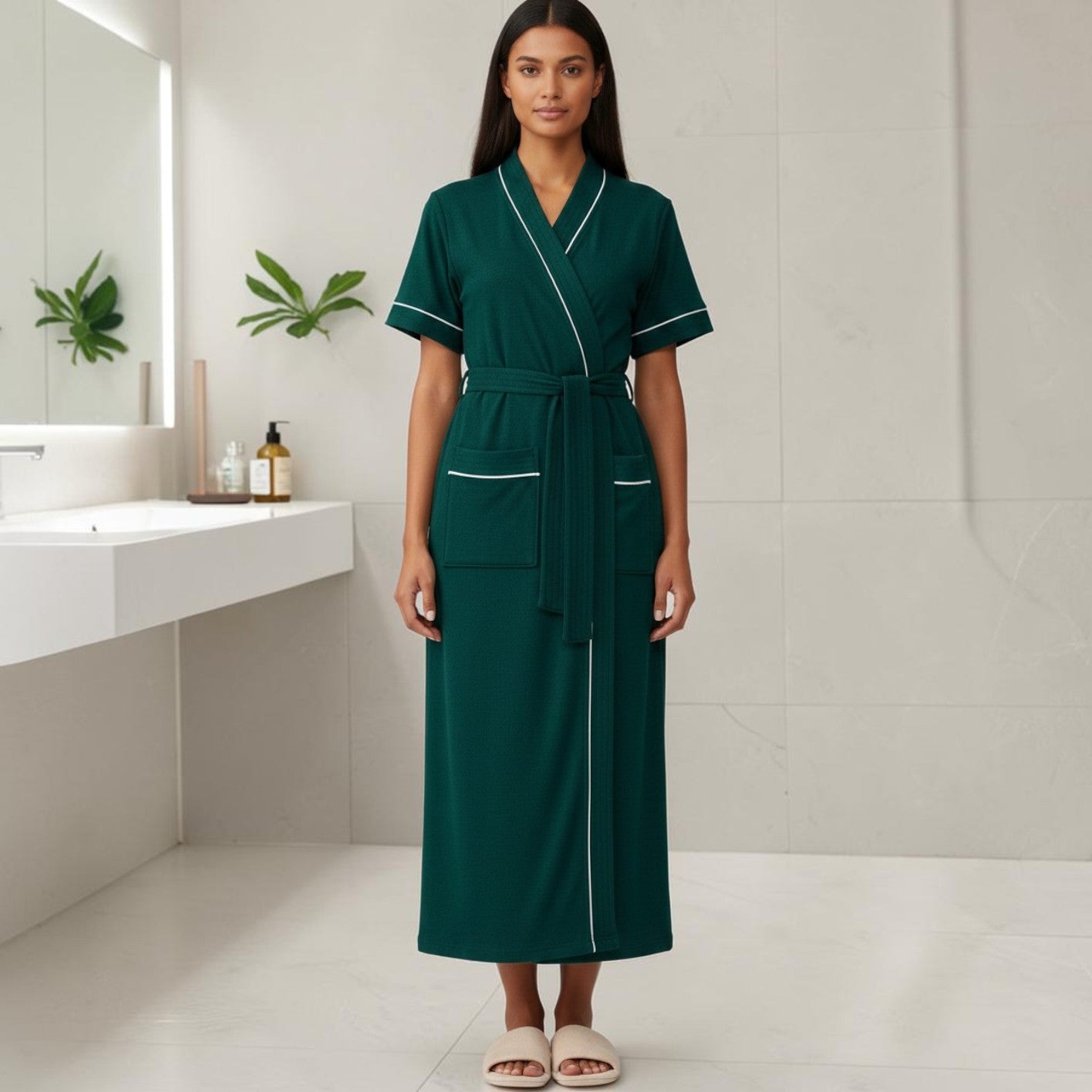 Peignoir Femme Éponge | Vert Manches Courtes