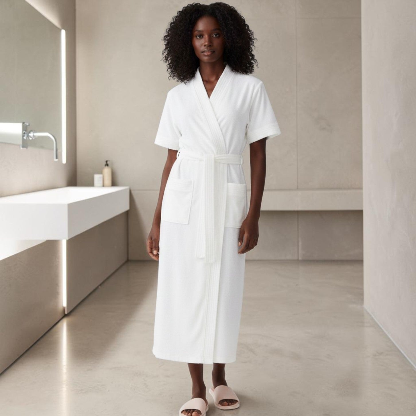 Peignoir de Bain Femme | Blanc Manches Courtes