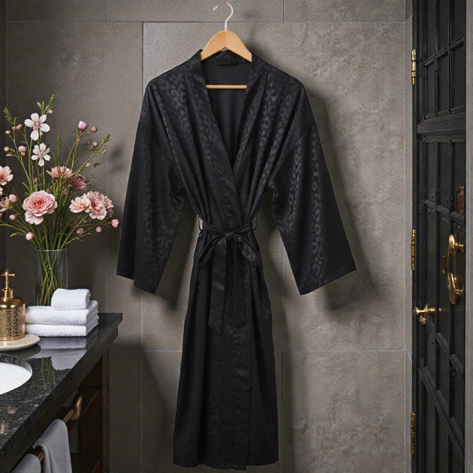 Peignoir femme satin jacquard noir