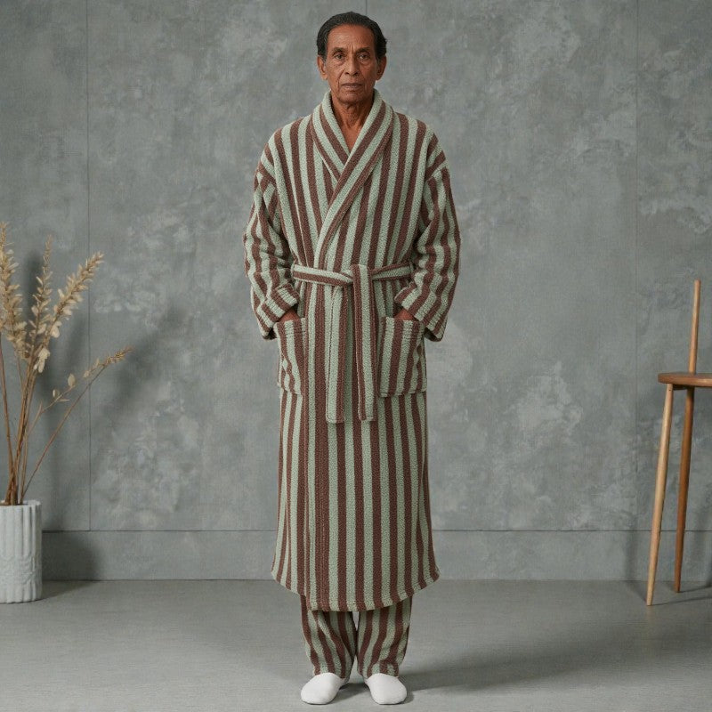Peignoir homme polaire rayé marron et vert