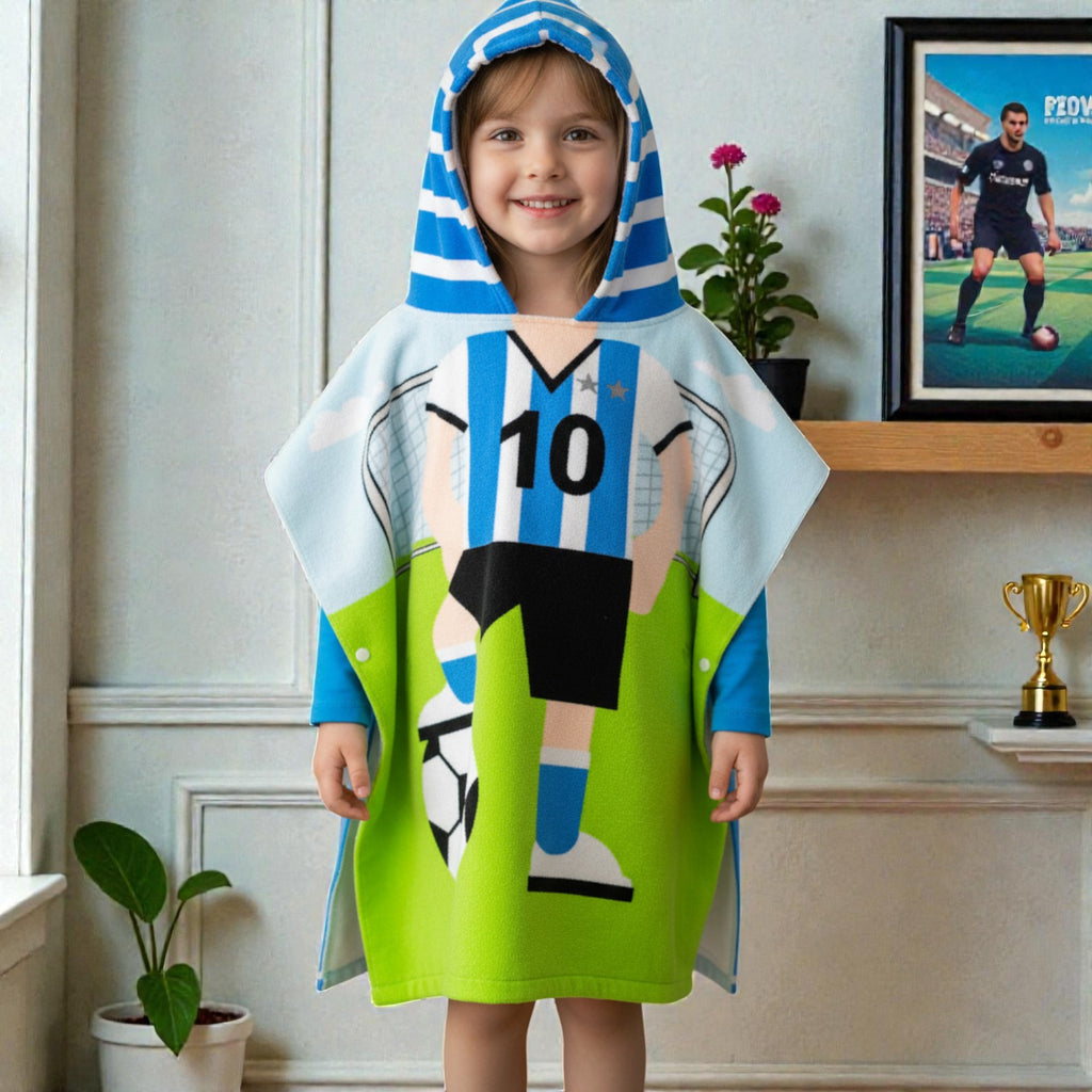 Cape de bain enfant football bleu et vert