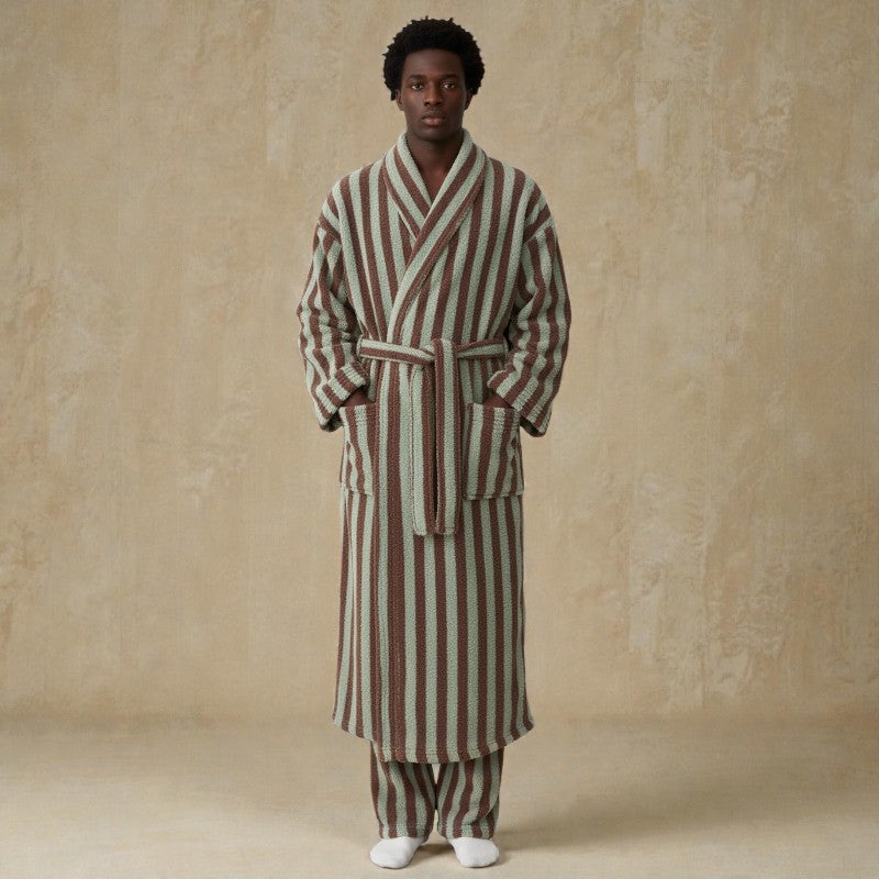 Peignoir homme polaire rayé marron et vert
