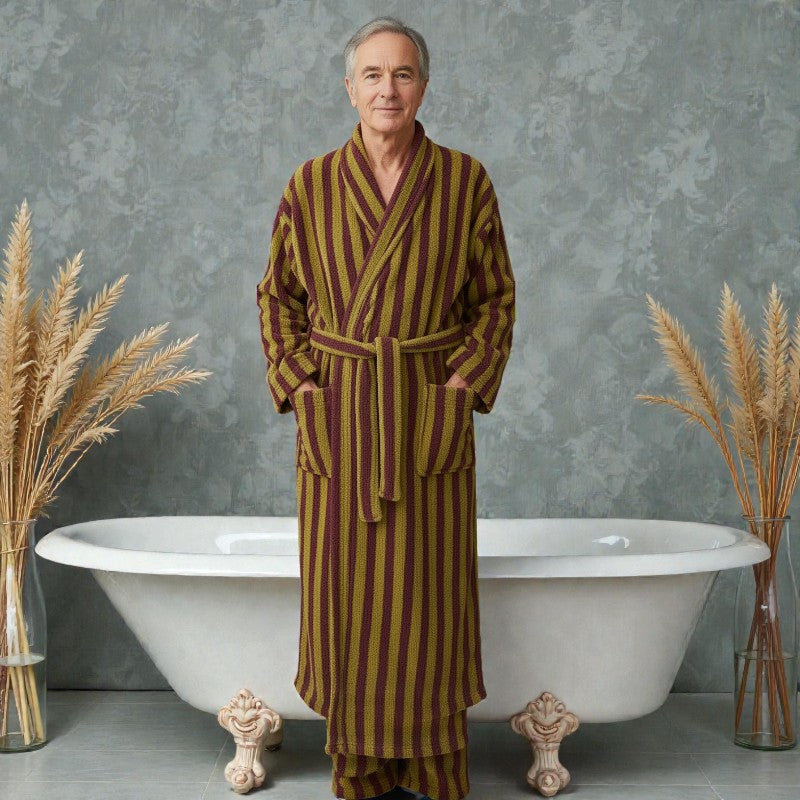 Peignoir homme polaire rayé bordeaux et vert