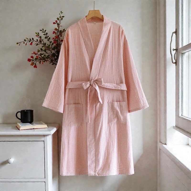 Peignoir femme coton  à carreaux rose