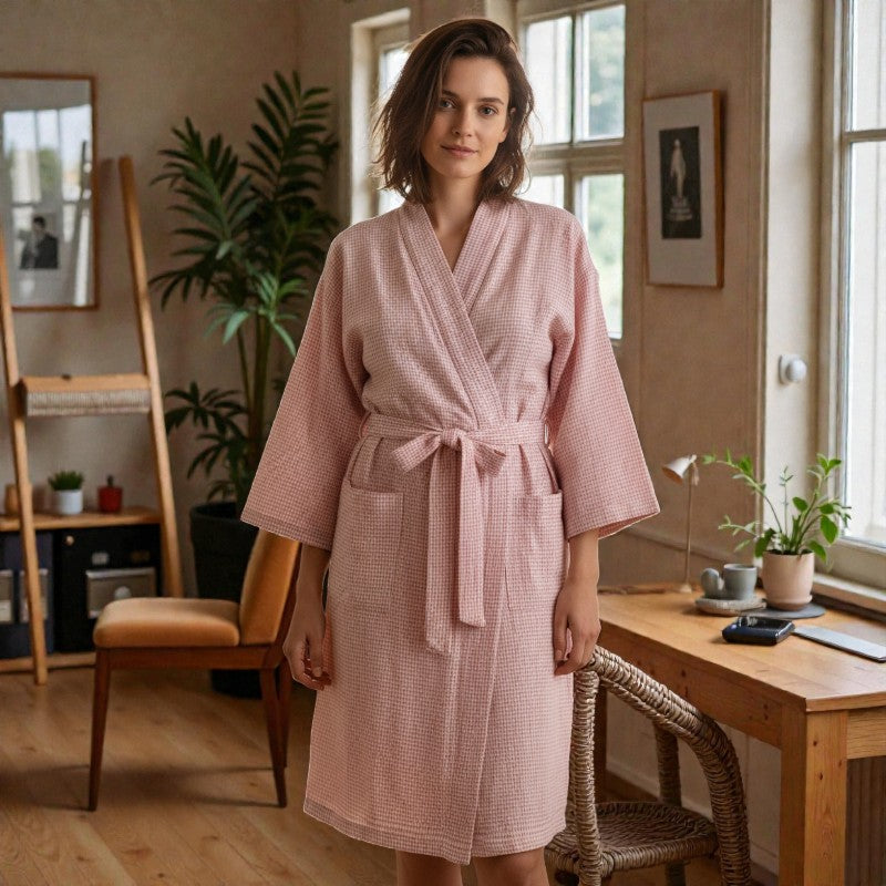 Peignoir femme coton  à carreaux rose