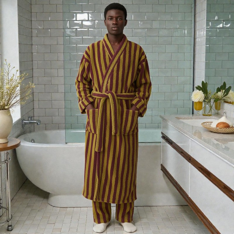 Peignoir homme polaire rayé bordeaux et vert