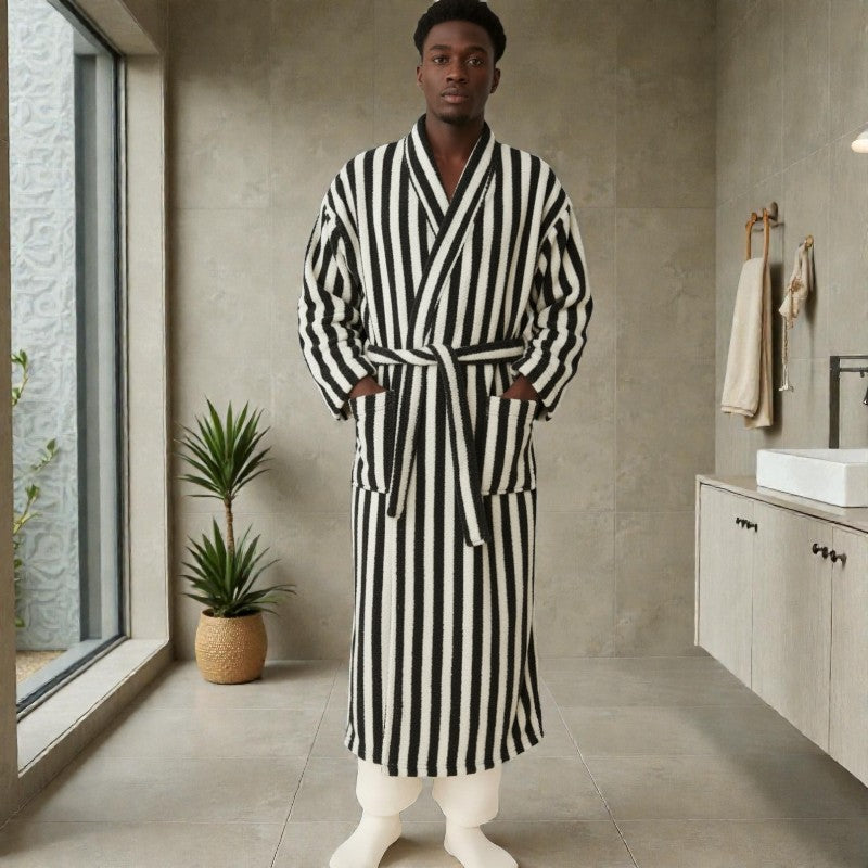 Peignoir homme polaire rayé noir et blanc