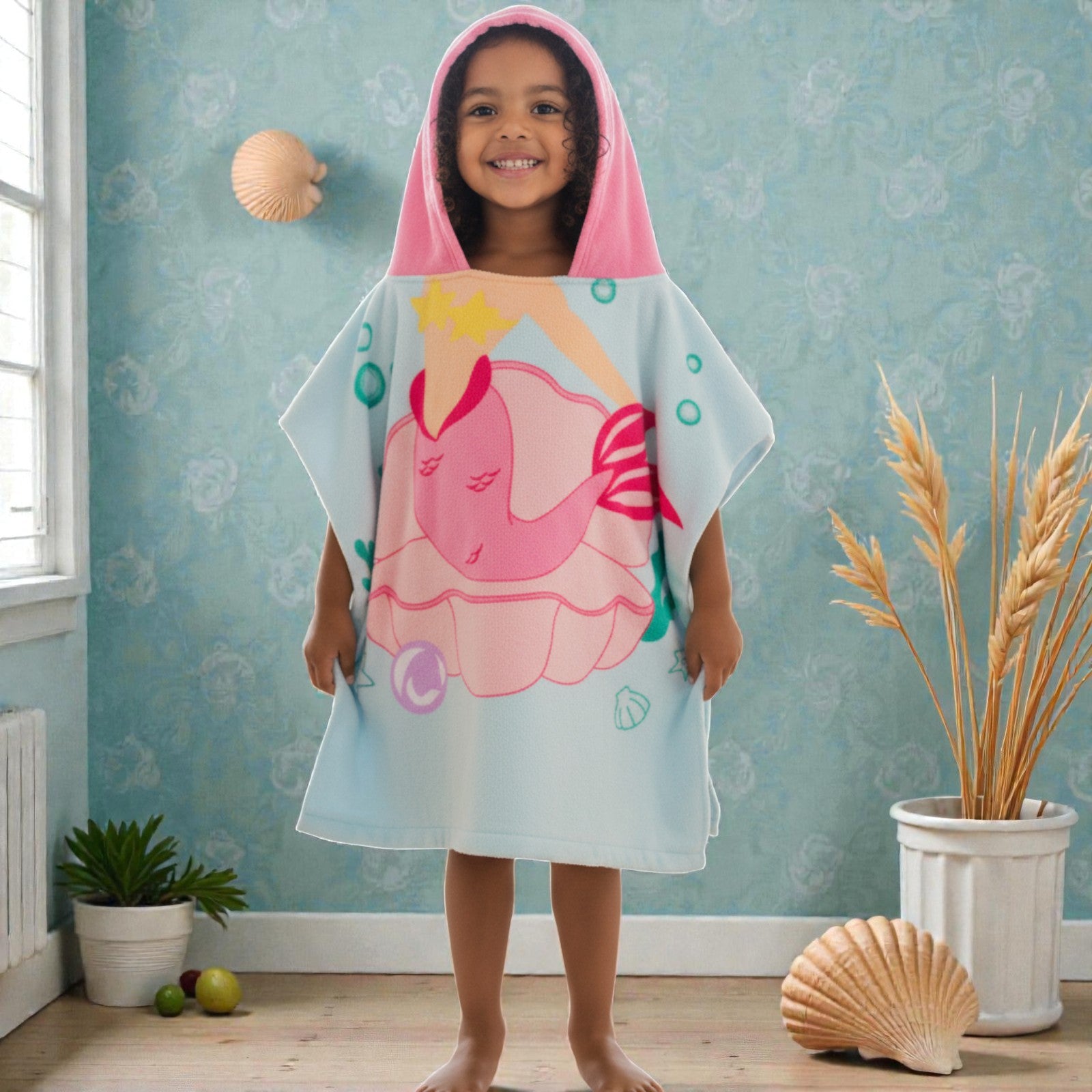 Cape de bain enfant sirène rose
