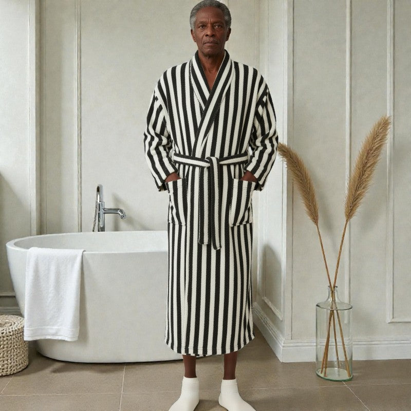 Peignoir homme polaire rayé noir et blanc
